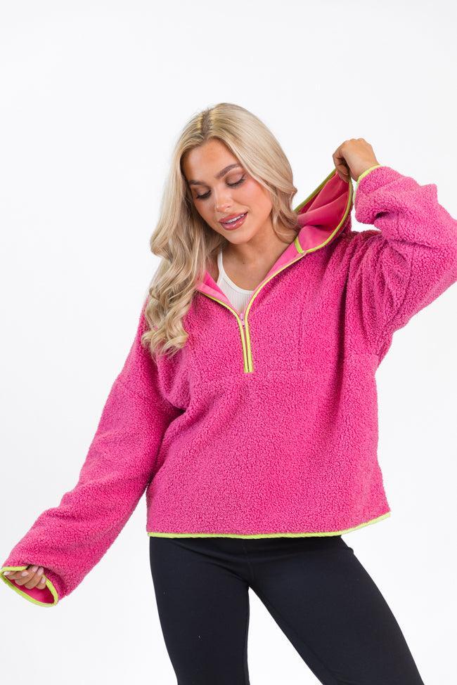 My Go To Pink and Green Sherpa Quarter Zip Hooded Pullover Product Image