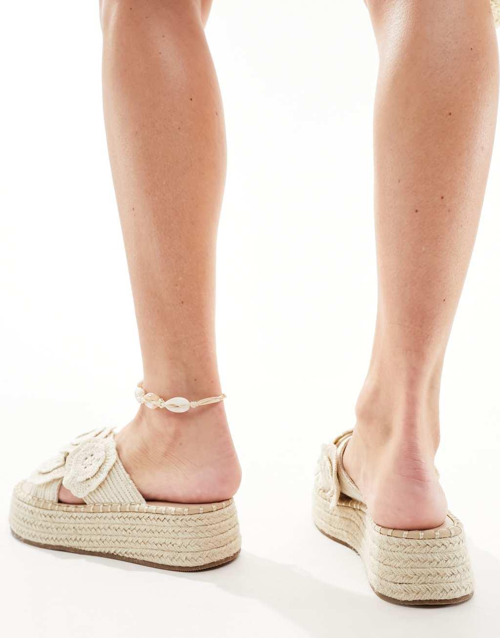 ASOS DESIGN Jasmina cross-strap flatform espadrilles with crochet flowers Product Image