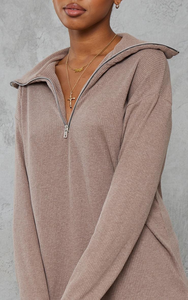 Mocha Rib High Neck Half Zip Oversized Sweater Dress Product Image