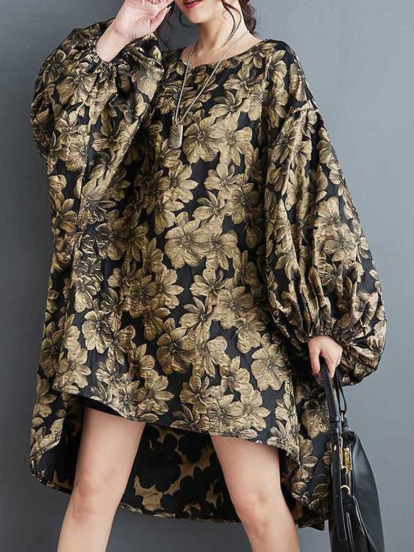 A-Line High-Low Elasticity Flower Print Jacquard Round-Neck Midi Dresses Product Image