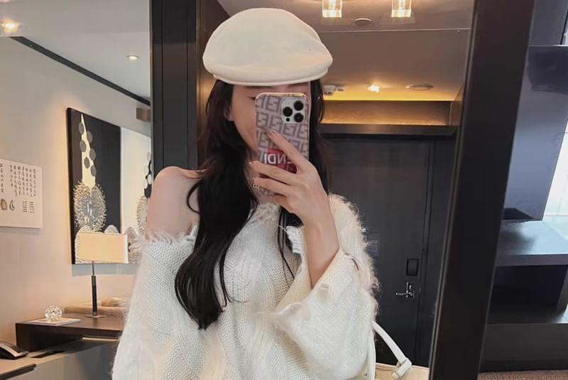 One-Shoulder Plain Distressed Cable-Knit Oversized Sweater Product Image