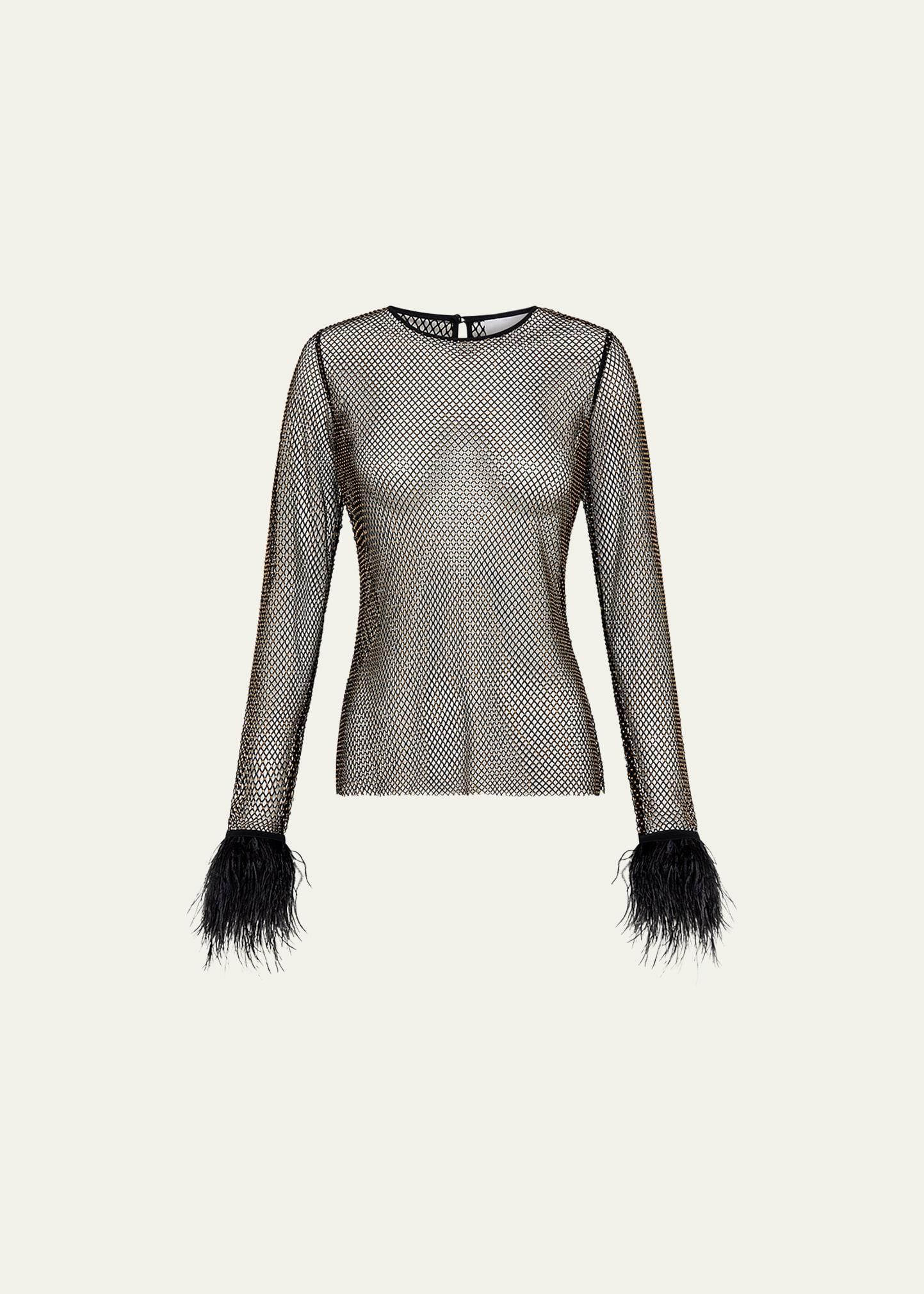 Womens Feather Embellished Hotfix Mesh Blouse Product Image