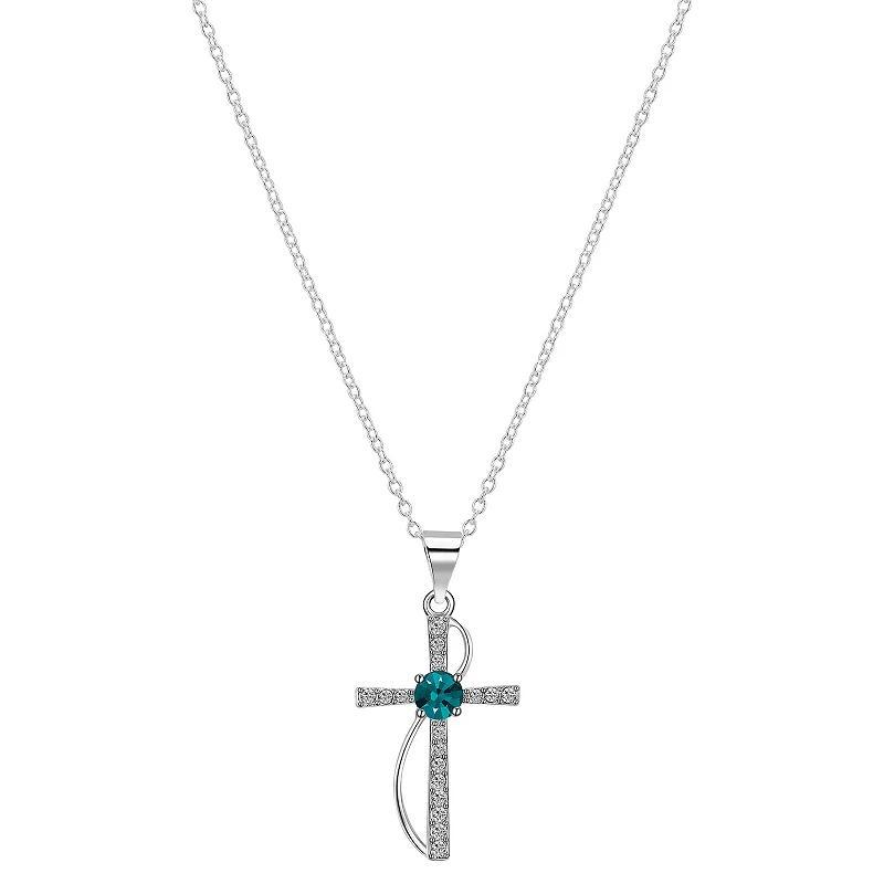 Brilliance Silver Plated Crystal Birthstone Cross Pendant Necklace, Womens Silver Toneblue Product Image