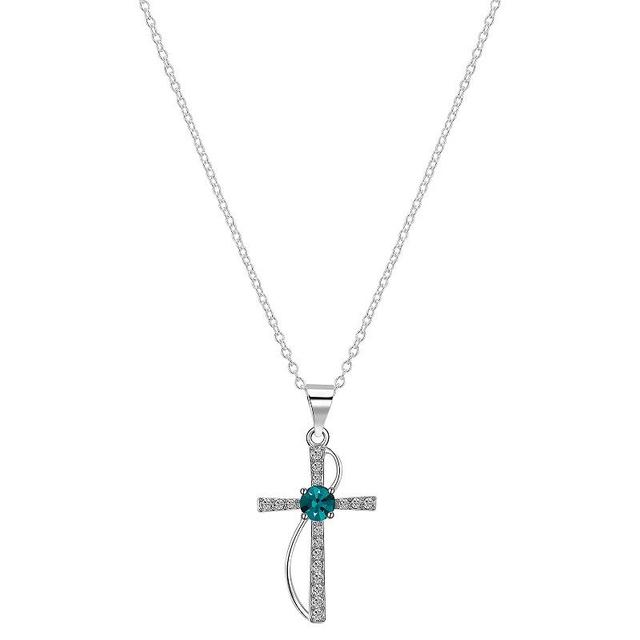 Brilliance Silver Plated Crystal Birthstone Cross Pendant Necklace, Womens Silver Toneblue Product Image