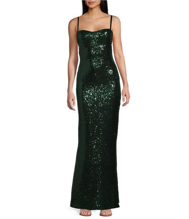 B. Darlin Spaghetti Strap Sleeveless Sequin Sweetheart Long Dress Product Image