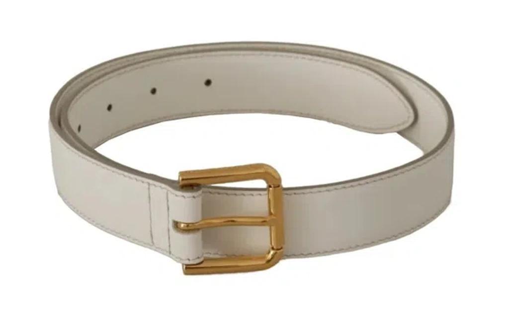 White Leather Gold Logo Engraved Metal Buckle Belt Product Image