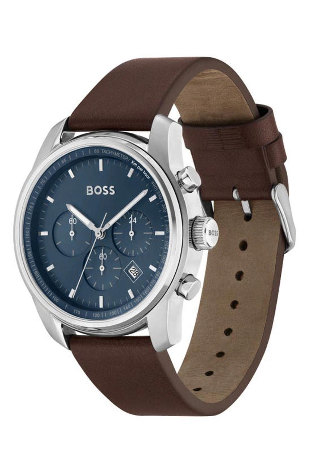 Blue-dial Chronograph Watch With Brown Leather Strap Men's Watches In Black Blue Product Image