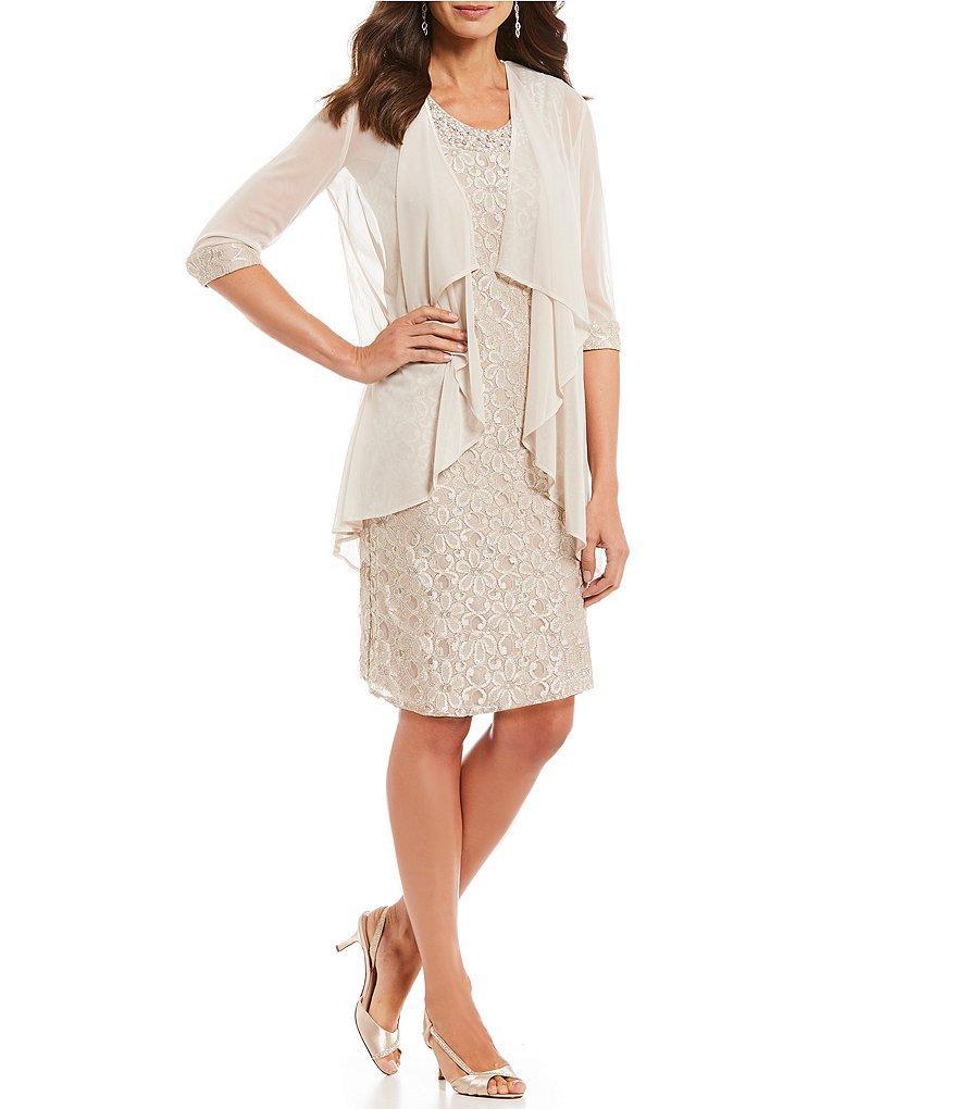 R & M Richards Petite Size Beaded Glitter Scoop Neck 3/4 Sleeve Lace 2-Piece Jacket Dress Product Image