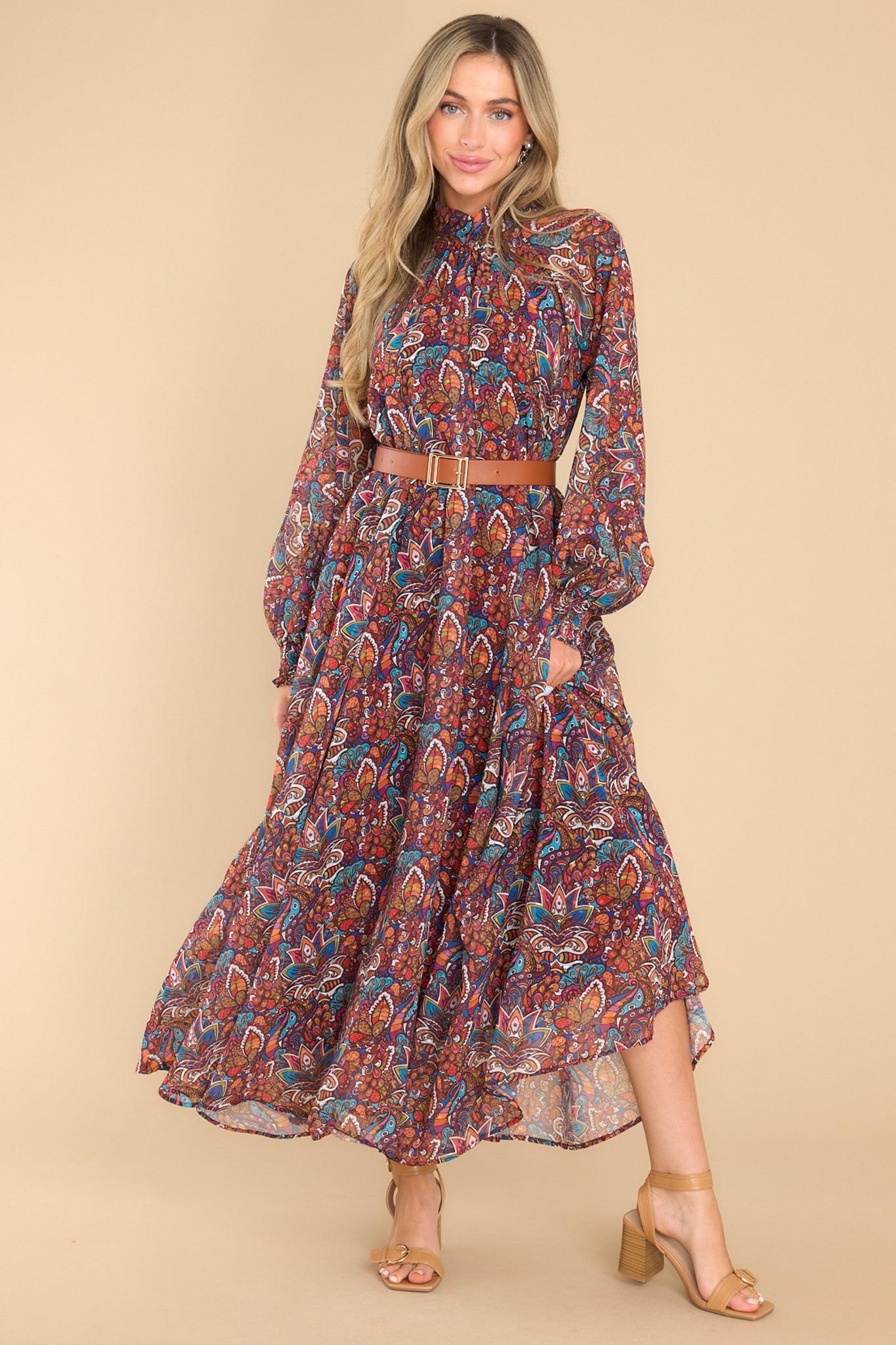 Aura Wise Woman Burgundy Multi Print Maxi Dress Product Image