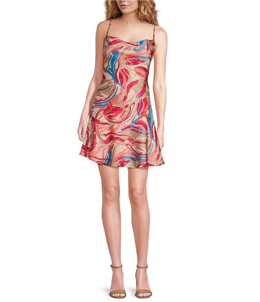 Adelyn Rae Cecile Printed Satin Cowl Neck Sleeveless Mini Slip Dress Product Image