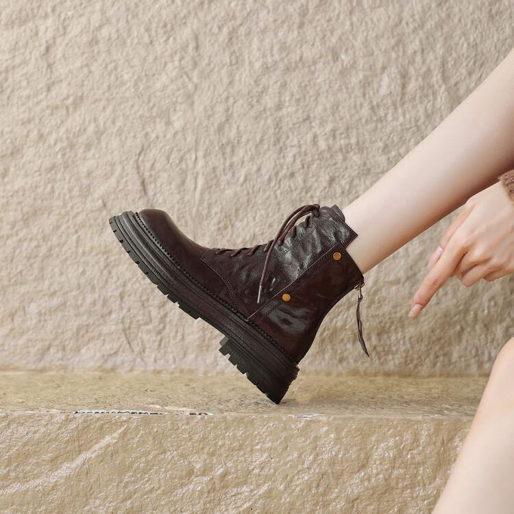 Platform Plain Lace-Up Faux Leather Short Boots Product Image