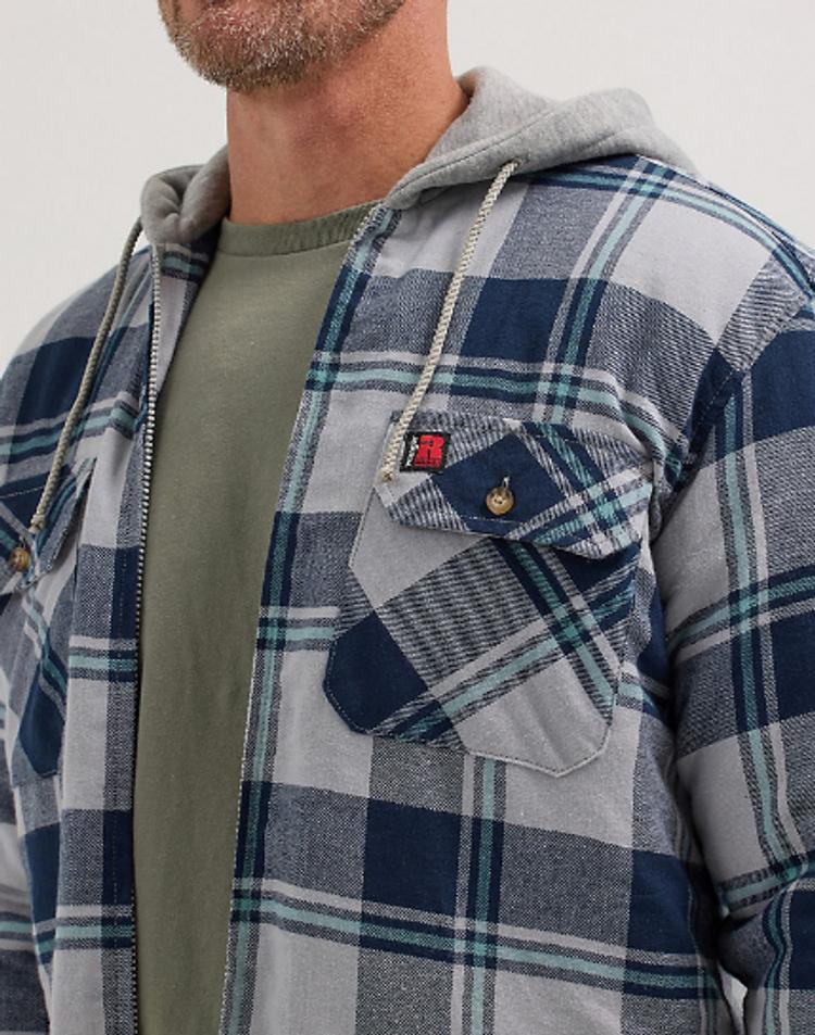 Wrangler Riggs® Men's Grey/Blue Plaid Flannel Hooded Jacket Product Image