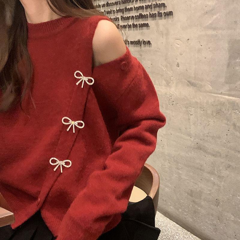 Long Sleeve Cold-Shoulder Bow Accent Loose-Fit Sweater Product Image