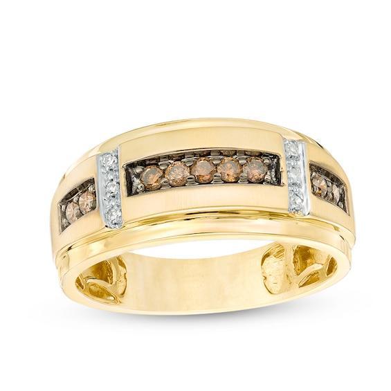 Men's 1/3 CT. T.w. Champagne and White Diamond Satin Wedding Band in 10K Gold Product Image