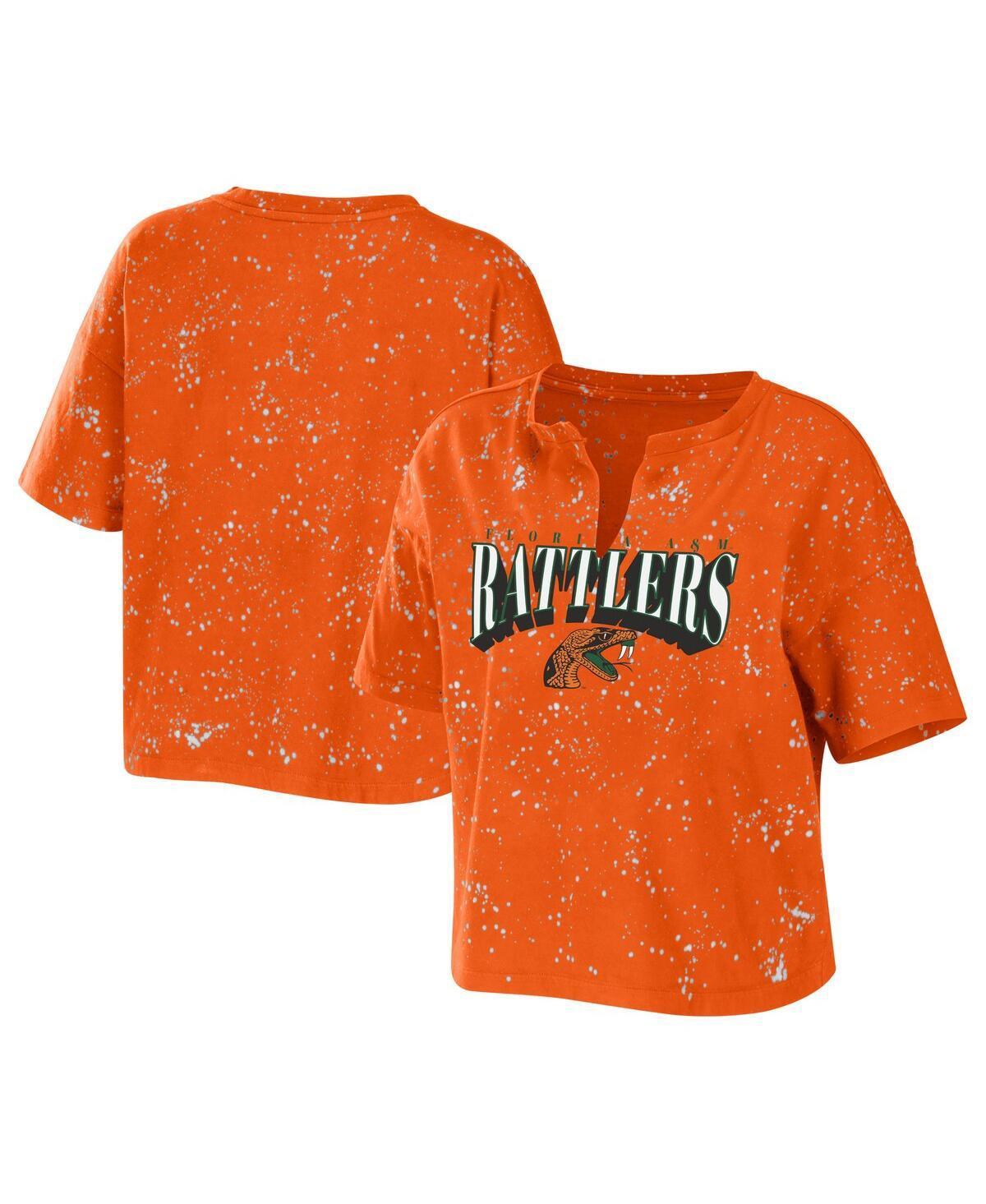 Womens Wear by Erin Andrews Orange Florida A&M Rattlers Bleach Wash Splatter Cropped Notch Neck T-shirt Product Image