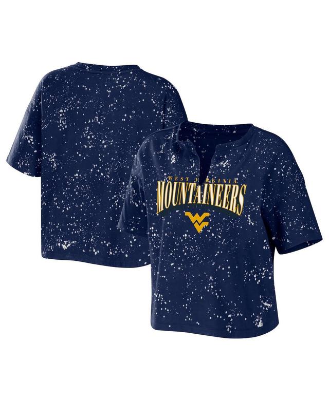 Womens Wear by Erin Andrews Navy West Virginia Mountaineers Bleach Wash Splatter Cropped Notch Neck T-shirt Product Image