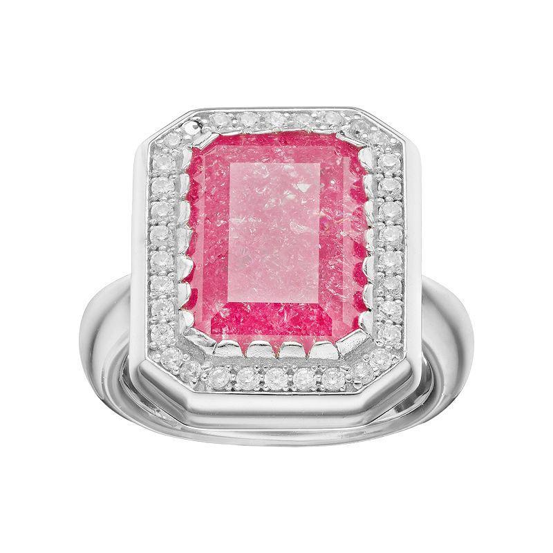 Sterling Silver Cubic Zirconia Rectangle Halo Ring, Womens Pink Product Image