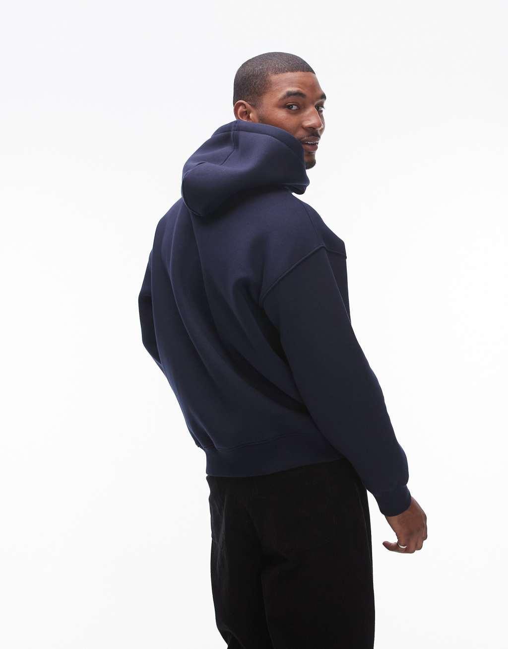 Topman oversized fit hoodie with letter chenille embroidery in navy Product Image