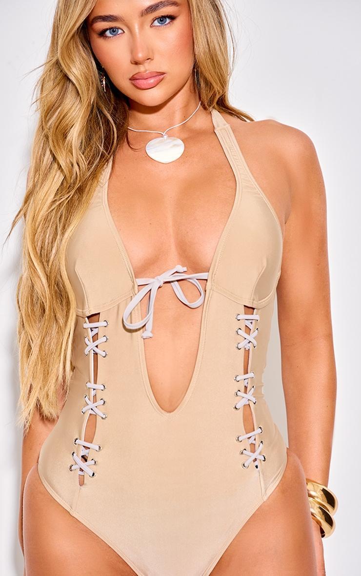 Stone Lace Up Deep Plunge Swimsuit Product Image