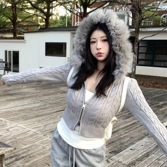 Long Sleeve Plain Cable-Knit Furry-Trim Hooded Slim-Fit Zip-Up Cardigan Product Image