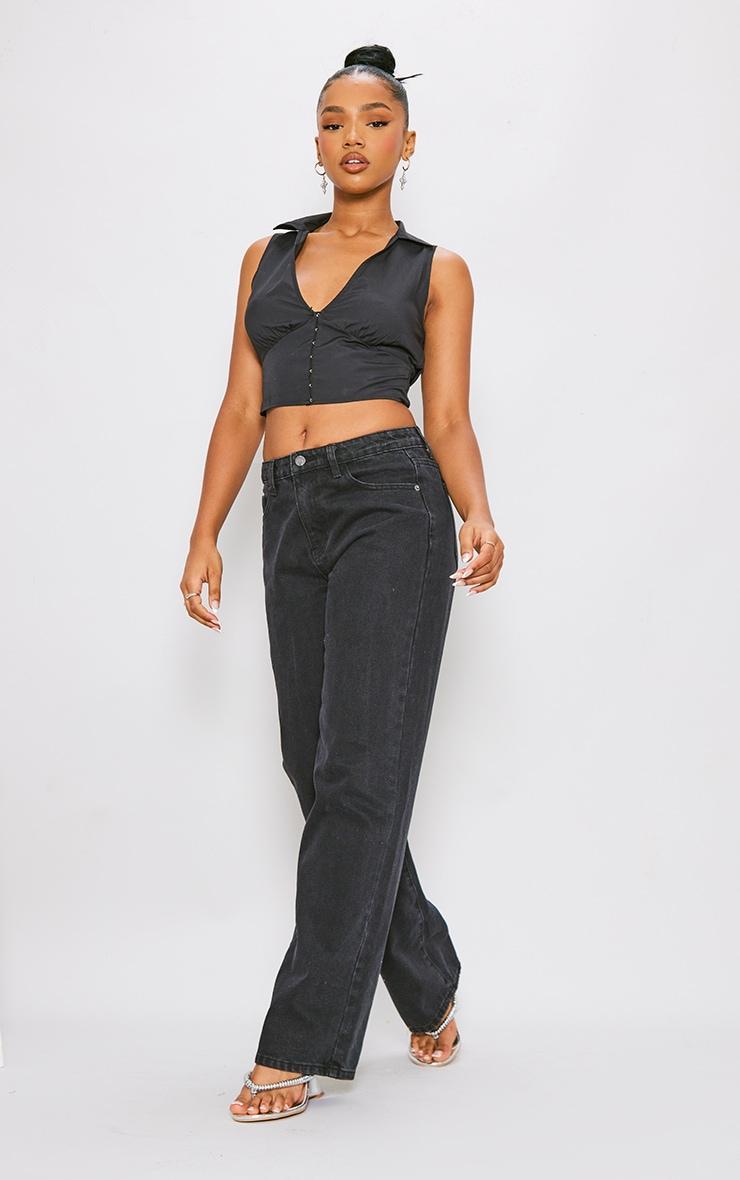  Black Woven Sleeveless Hook And Eye Fitted Cropped Shirt Product Image