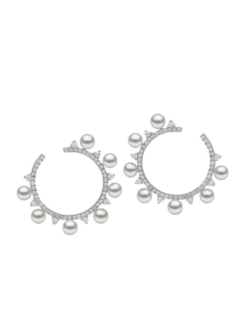 Womens Sleek 18K White Gold, 4-4.5MM Akoya Pearl & Diamond Wraparound Hoop Earrings Product Image