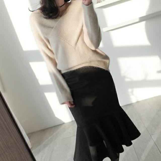 Off-Shoulder Long-Sleeve Plain Sweater Product Image