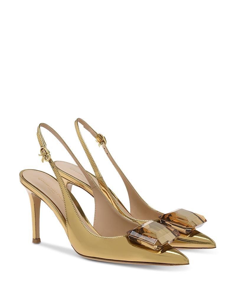 Gianvito Rossi Womens Jaipur Pointed Toe Large Gem High Heel Slingback Pumps Product Image
