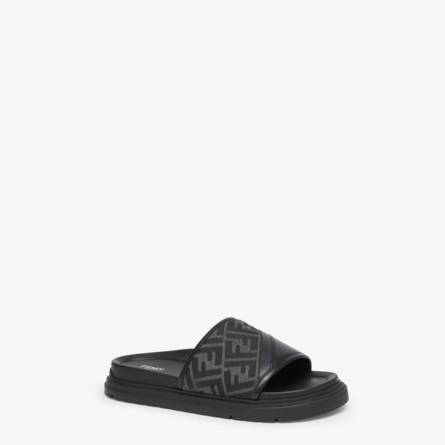 Fendi Diagonal SlidesGray FF jacquard and black leather slides Product Image