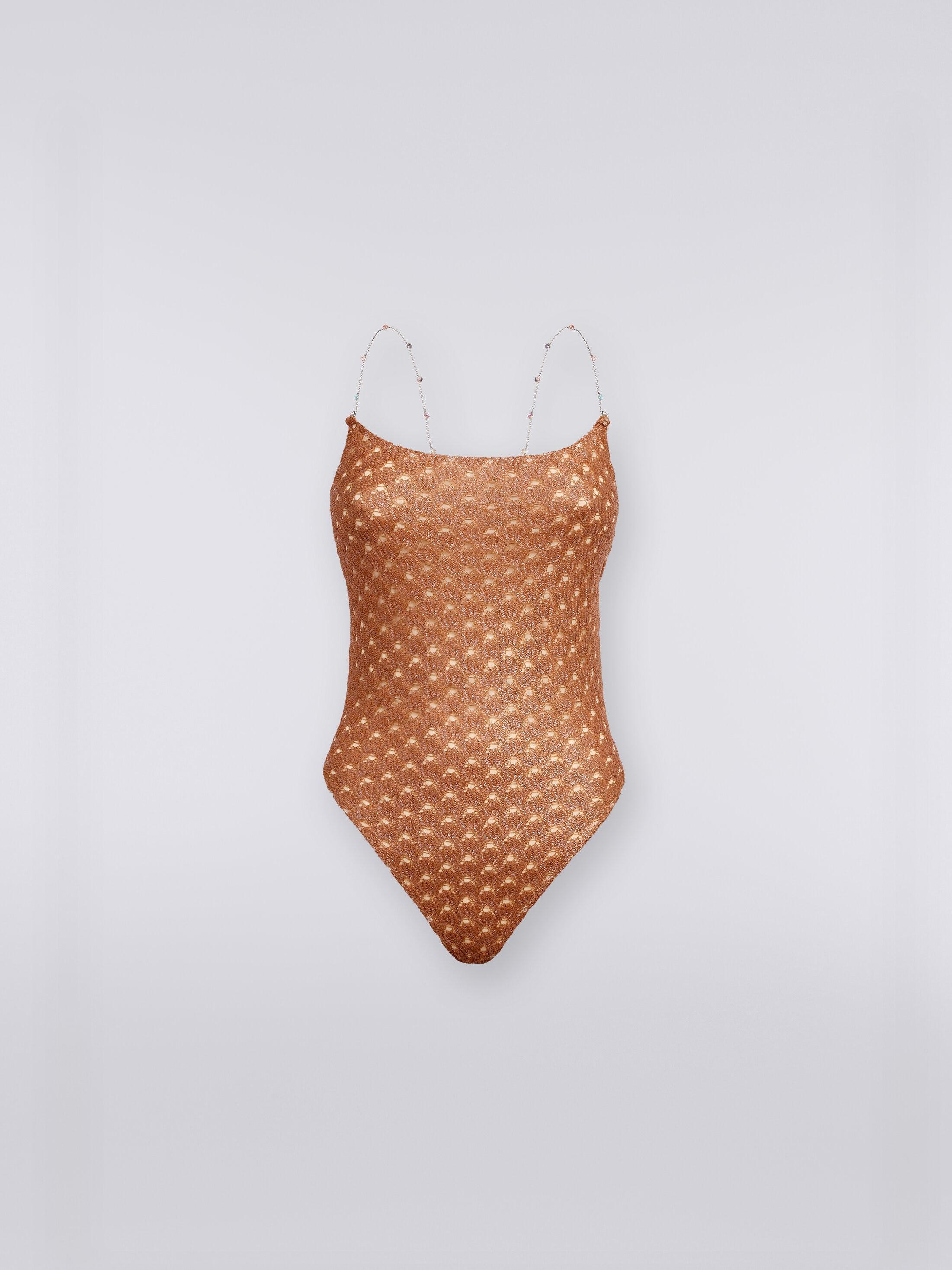 Lace-effect one-piece swimming costume with chain and gem straps Product Image