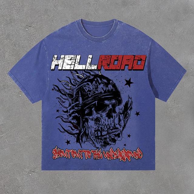 Retro Hell Road Retro Star Flame Skull Print Acid Washed T-Shirt Product Image