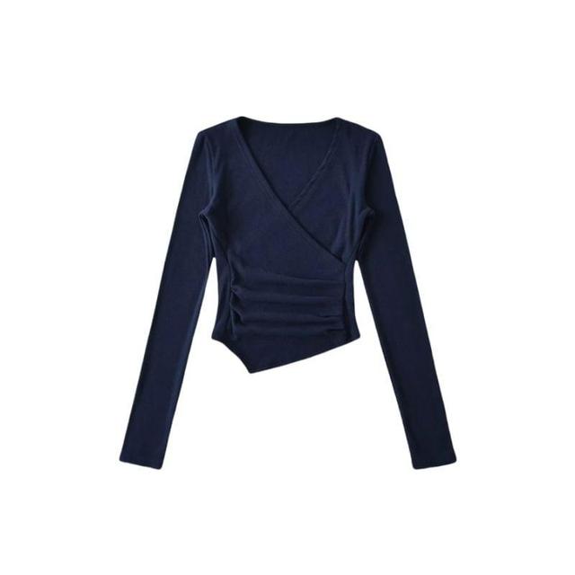 Long-Sleeve V-Neck Plain Asymmetrical Ruched Slim Fit Crop T-Shirt Product Image