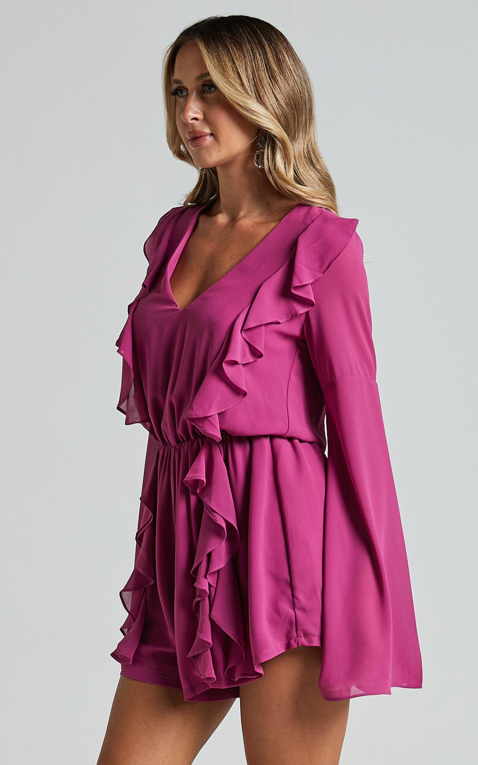 Zella Playsuit - Plunge Ruffle Detail Long Sleeve in Grape Product Image