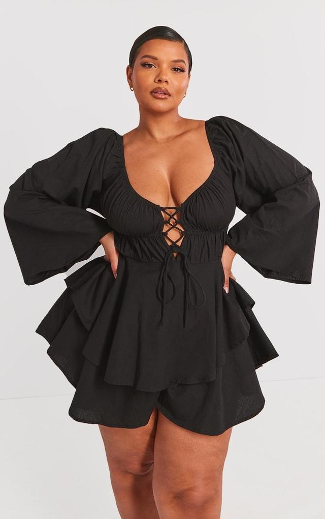 Plus Black Lace Up Long Sleeve Romper Product Image