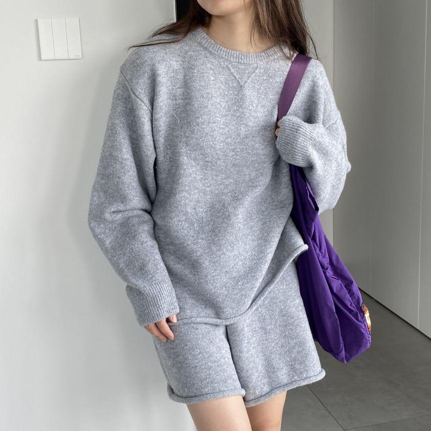 Set: Round Neck Plain Oversized Sweater + High Waist Shorts Product Image