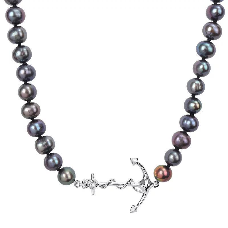 Stella Grace Black Freshwater Cultured Pearl Strand & Anchor Charm Necklace, Mens Sterling Silver Product Image