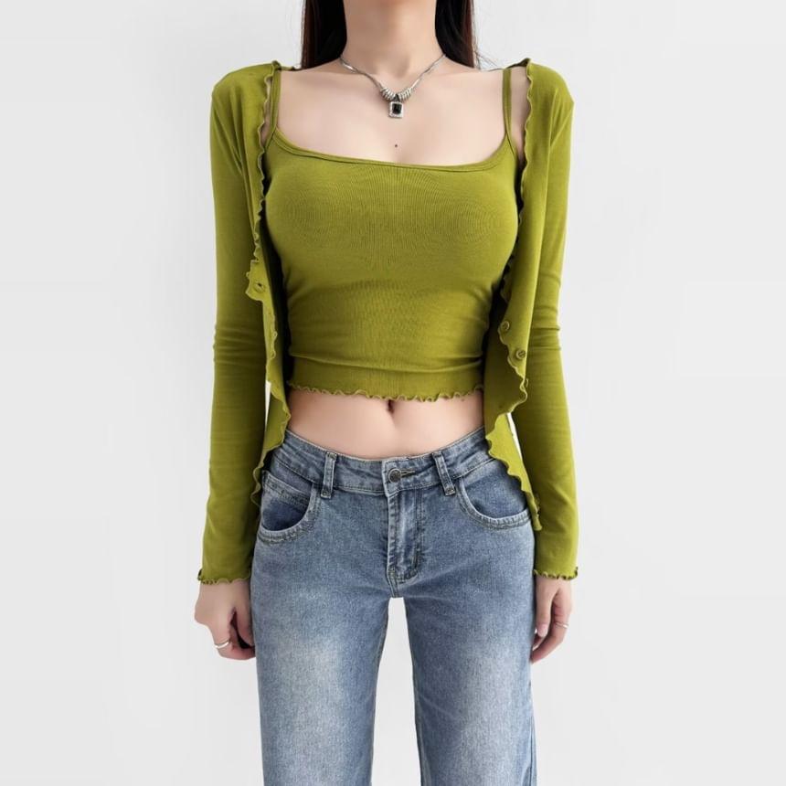 Set: Scoop Neck Plain Crop Cami Top + Lettuce Edge Button-Up Cardigan Product Image