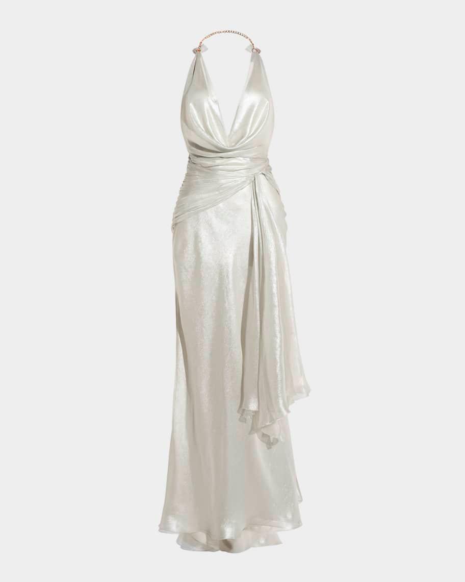 Ilaria Metallic Draped Plunging-Halter Backless Gown Product Image