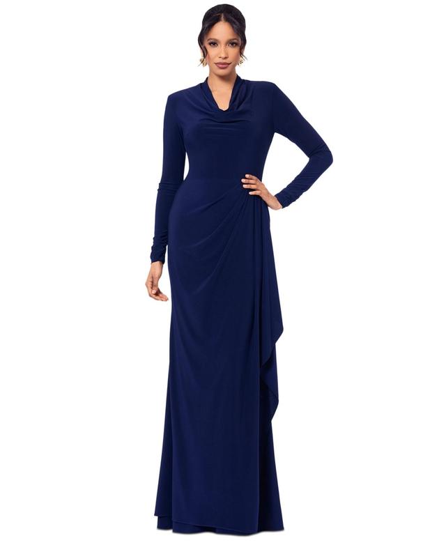 Betsy & Adam Womens Cowlneck Draped Long-Sleeve Gown Product Image