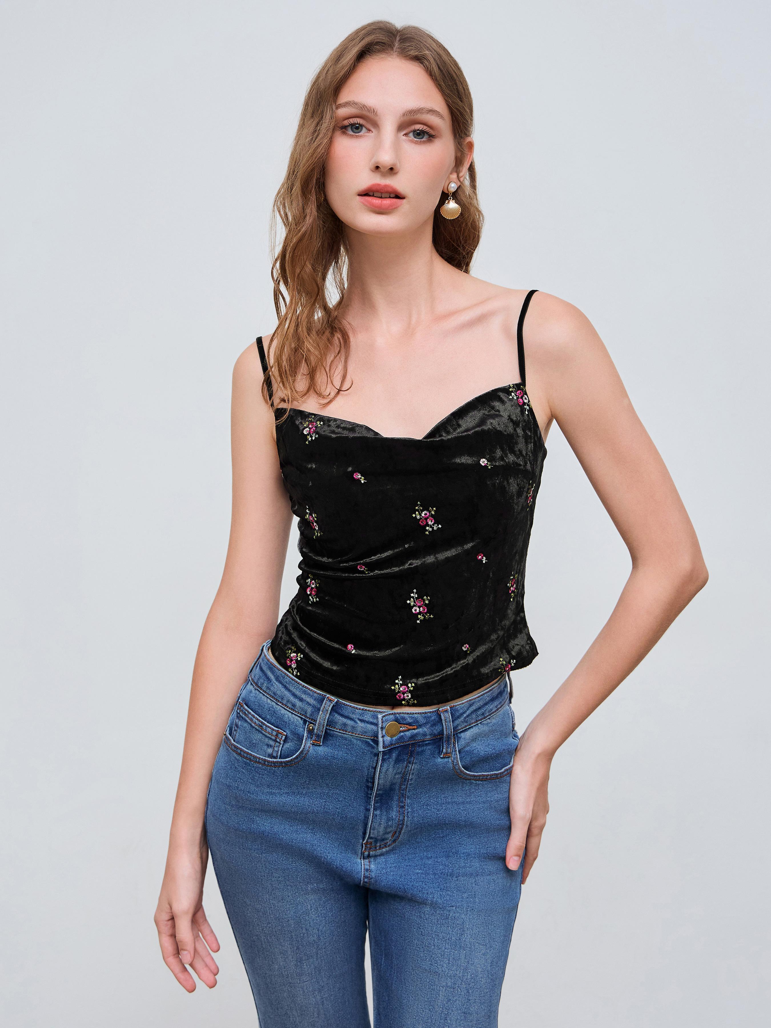 Velvet Cowl Neck Floral Ruched Cami Top Product Image