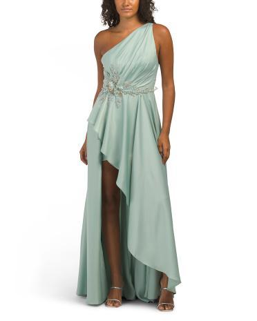 One Shoulder Satin Drape Gown With Floral Waist for Women | Polyester Product Image