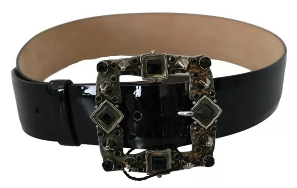 Black Shiny Leather Crystal Logo Buckle Belt Product Image