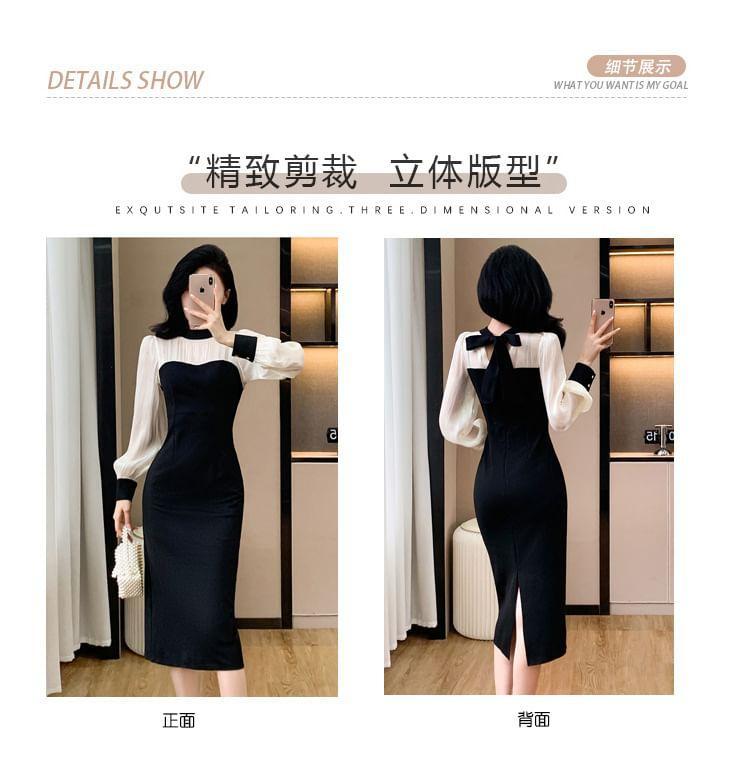 Long-Sleeve Mock Neck Two Tone Midi Sheath Dress Product Image