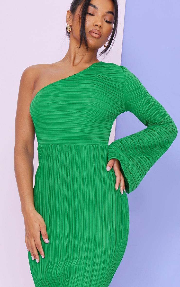 Green Plisse One Shoulder Flare Sleeve Midaxi Dress Product Image