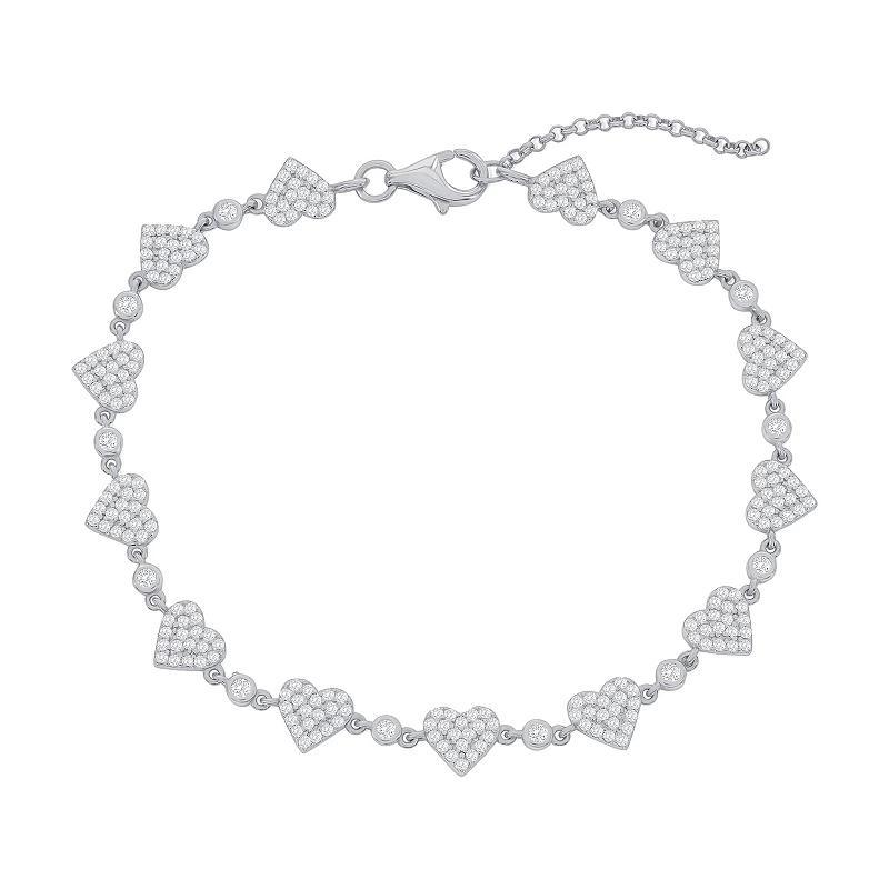 Argento Bella Sterling Silver Cubic Zirconia Heart Link Bracelet, Womens Product Image