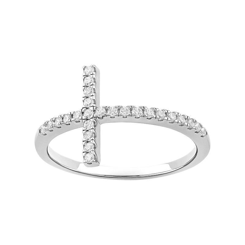 PRIMROSE Sterling Silver Pave Cubic Zirconia Sideways Cross Band Ring, Womens White Product Image