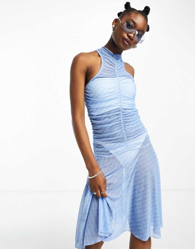 COLLUSION x TAMMY mesh pleated printed midi dress in blue Product Image