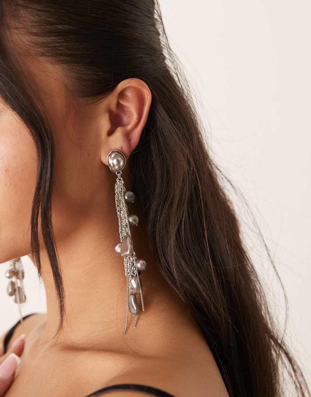 ASOS DESIGN drop earrings with pearl and chain detail in silver tone Product Image