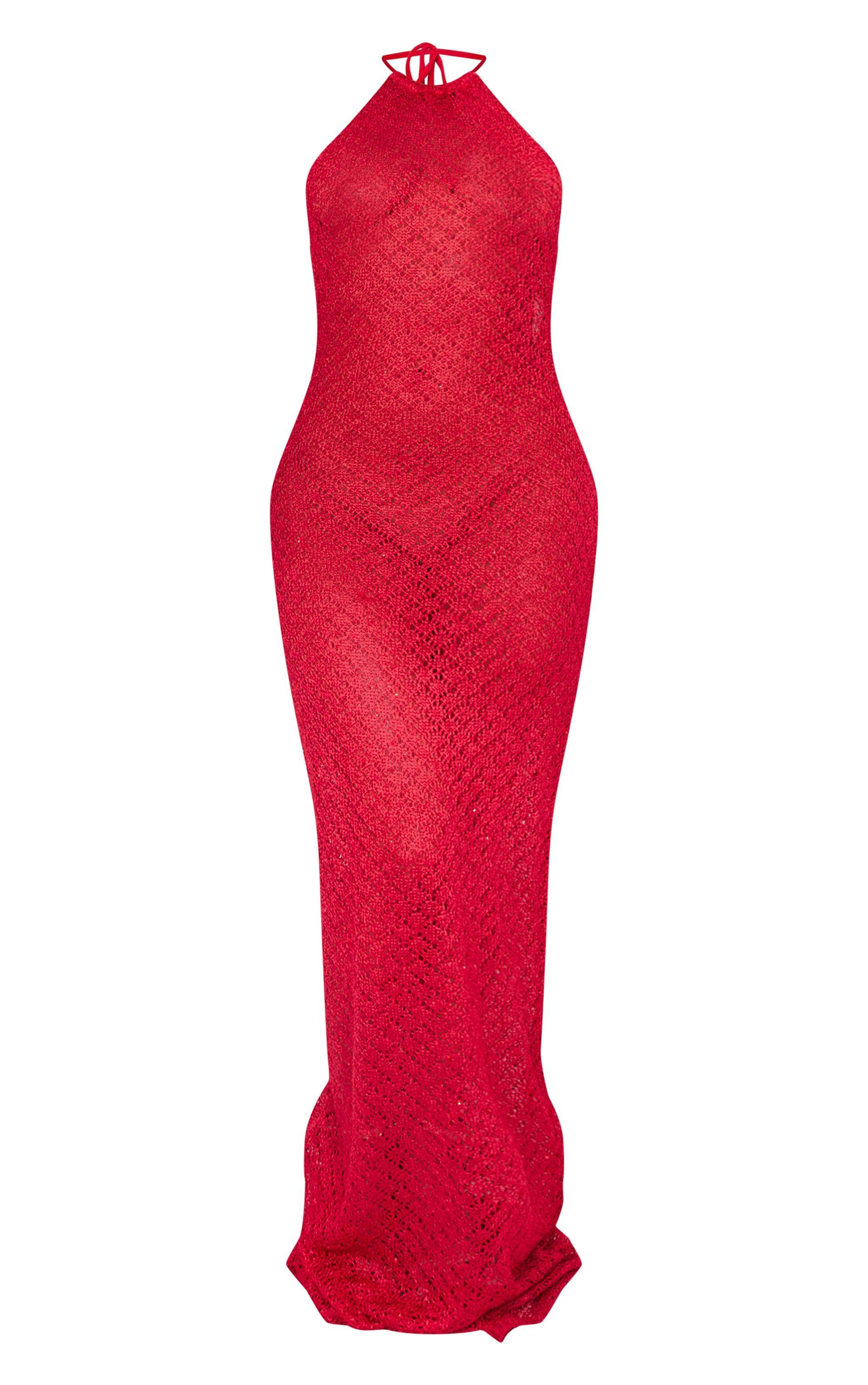 Petite Red Knitted Multi Sequin Open Back Maxi Dress Product Image