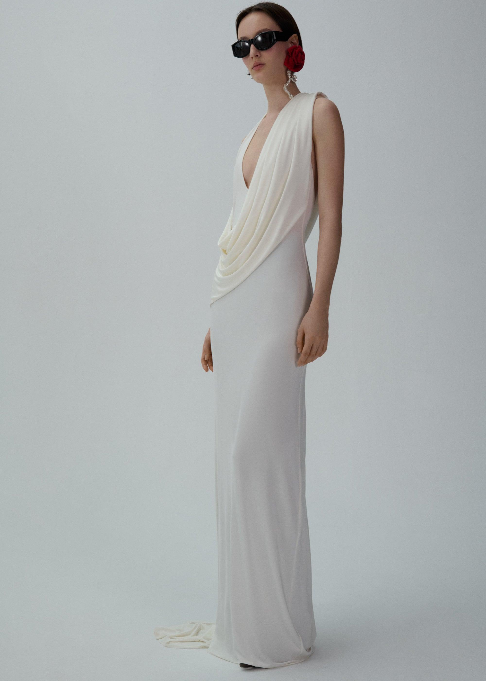 Grecian halter midi dress in cream Product Image